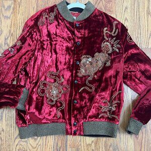Saint Laurent Women's 2019 Velvet Varsity Jacket Embellished Red Size 38